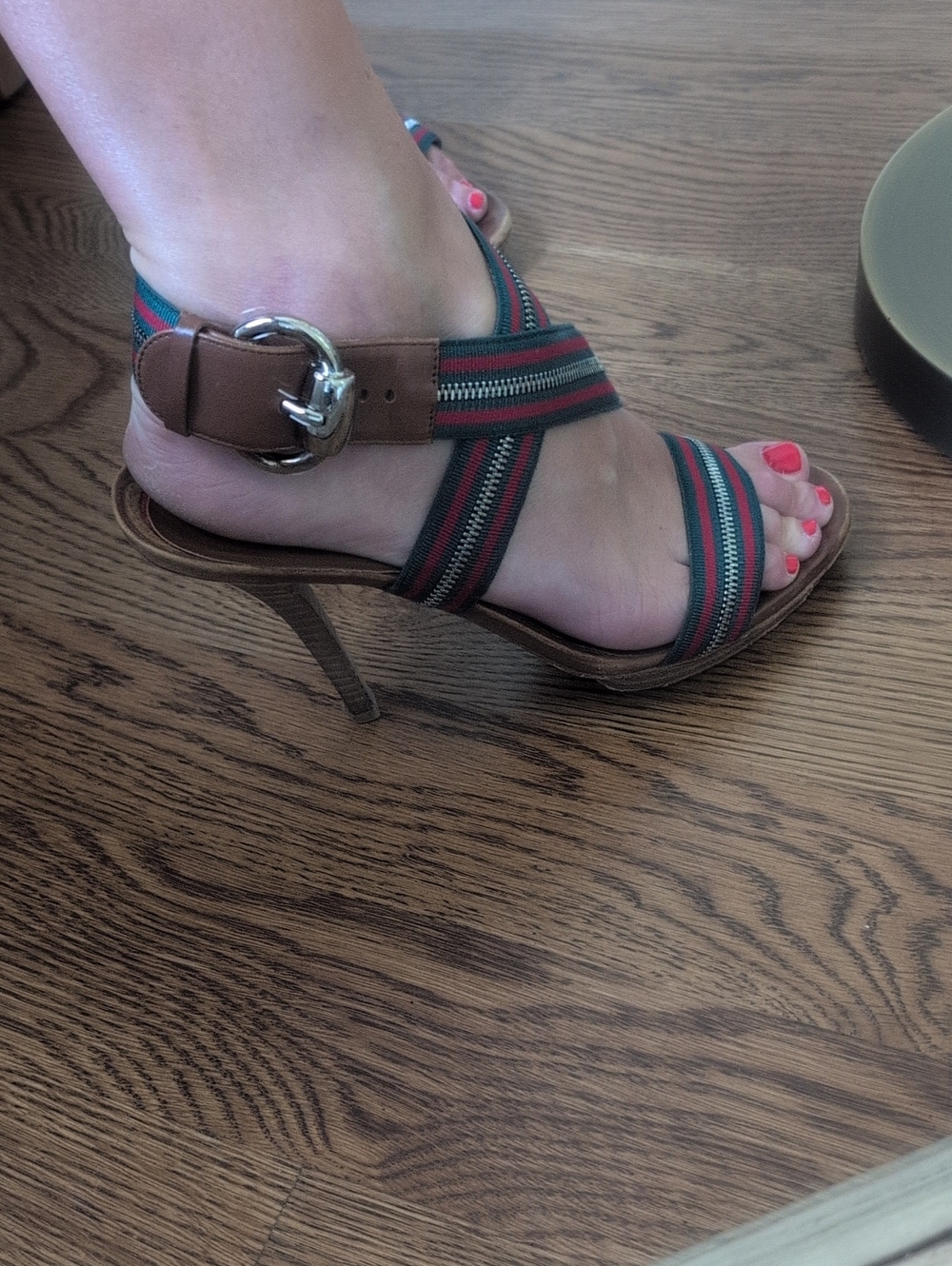 GUCCI RARE! Web Stripe Stilleto Heels Brown Leather Zipper Strap Detail - Women - Picture 4 of 12